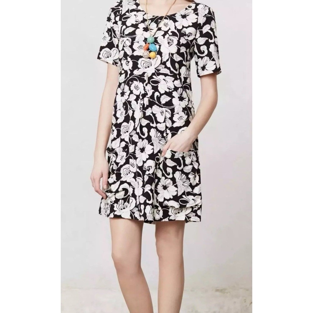 Anthropologie Maeve Zola Womens Floral Shift Dress Black White Pockets size 4‎